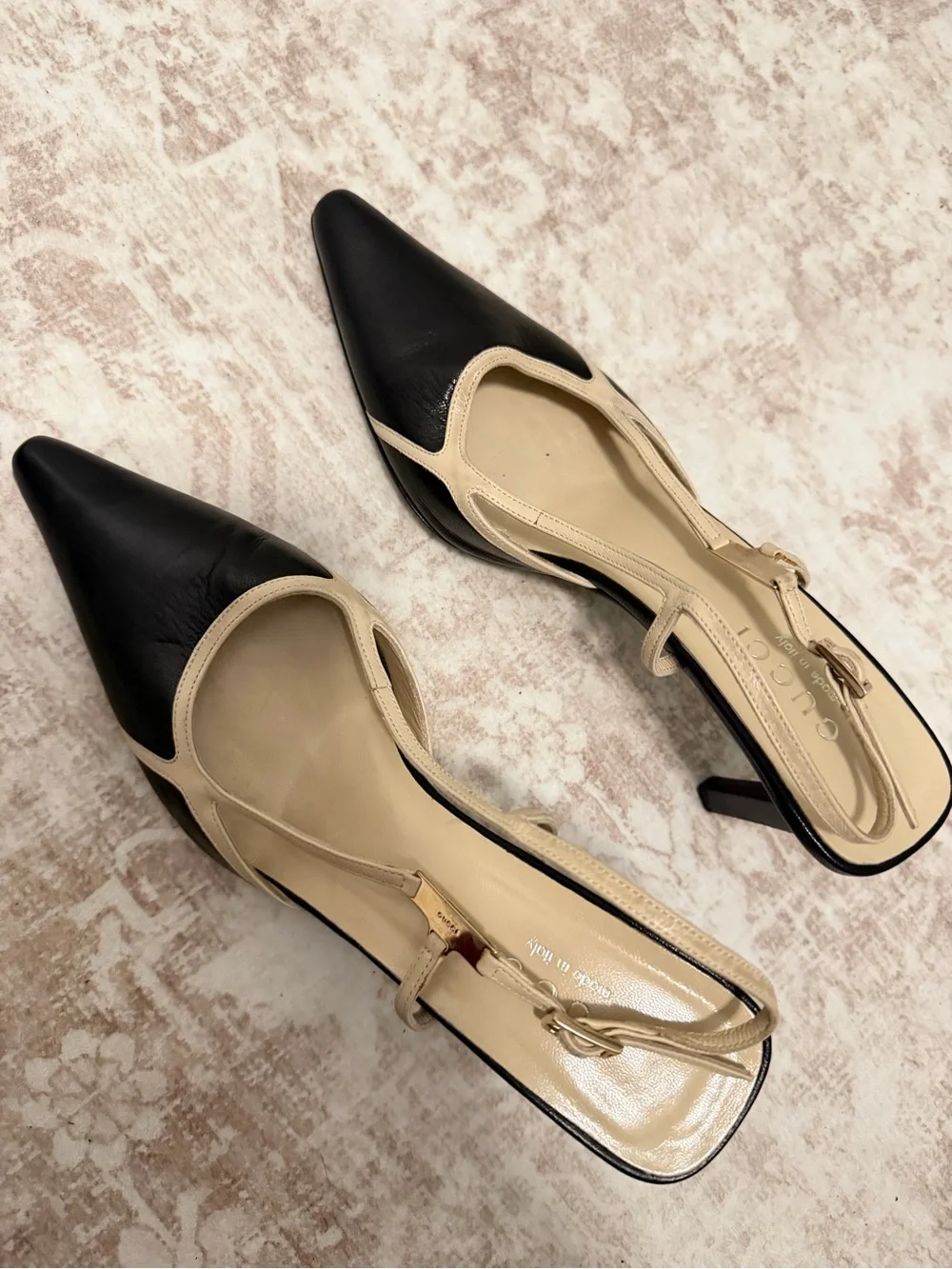 Gucci Black and Beige Pointed Toe Slingback Pumps
